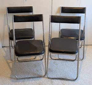 lot 42A image: UL - Set of Four Vintage Folding Chairs - Black Vinyl Seats, Chrome Frames