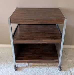 lot 50 image: UL - Vintage Rolling Cart - 3-Tier Dark Wood Shelves, Steel Frame