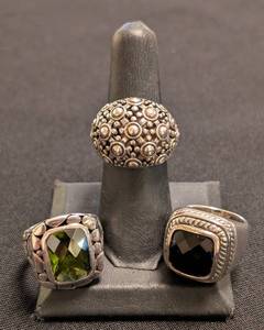 lot 52 image: K - (3) Sterling Silver Rings - Size 6 Green Stone, Black Stone, Beaded Dome