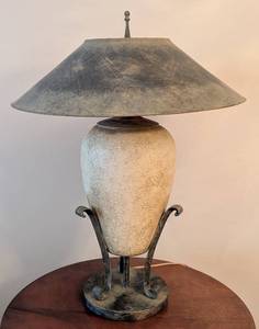 lot 59 image: ML - Table Lamp with Textured Cream Ceramic Urn Base & Iron Scroll Arms