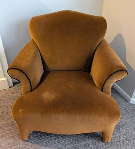 lot 62 image: LR - Armchair Burnt Orange Velvet with Dark Piping