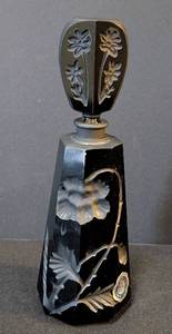 lot 71 image: K - Vintage Irice Black Crystal Perfume Bottle Floral Frosted Motif - Made in Japan