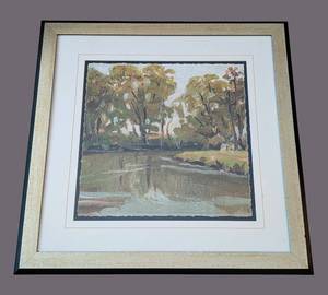 lot 72 image: ML - Landscape Painting Gold Frame With White Mat