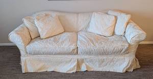 lot 155 image: LR - Cream Damask Sofa