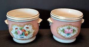 lot 159 image: ML - Handpainted Porcelain Planters - Pink Floral with Gold Accents - France Marked - Pair (Lot of 2)