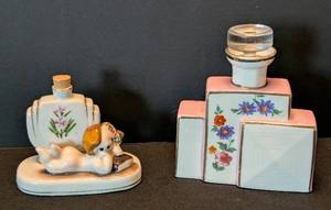 lot 160 image: K - Bavaria Porcelain Floral Decanter & Reclining Girl Figurine Set - PinkBlue Panels (Lot of 2)