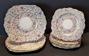 lot 165 image: ML - Vintage Phoenix Bone China Plates - Floral Purple Flowers, Gold Trim