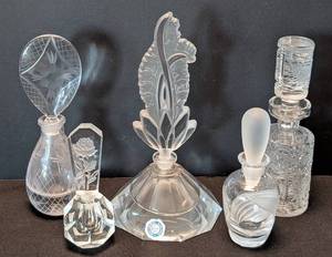 lot 167 image: K -(5) Vintage Crystal Perfume Bottles Set - Etched Floral
