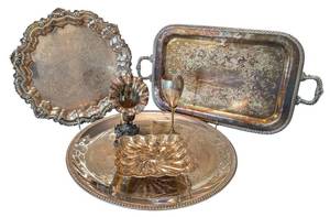 lot 168 image: ML - Silver-Plated Rococo Serving Set - Round Tray, Rectangular Tray, Shell Dish & Goblet