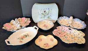 lot 204 image: K - Vintage Painted Porcelain Plates - Assorted Floral Patterns, 9-Piece Set