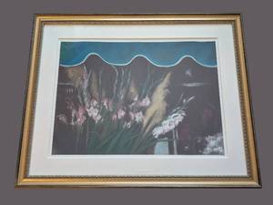 lot 209 image: LR - Framed Floral Print - Pink & White Flowers in Ornate Gold Outer Frame
