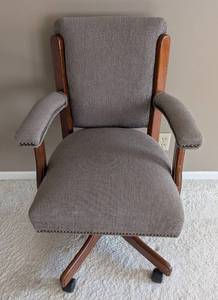 lot 211 image: UL - Rolling Office Chair - Gray Fabric, Wood Armrests, Nailhead Trim