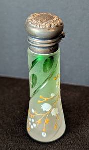 lot 215 image: LR - Antique Green Frosted Glass Perfume Bottle - Ornate Silver Cap with Floral Design