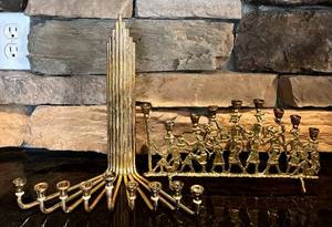 lot 84H image: FR - Set of 2 Vintage Menorahs - Karshi Silver Plated Jerusalem and Brass Klezmer Band
