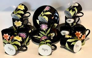 lot 90H image: FR - Fitz and Floyd Fleurs de Minuit Floral Dinnerware Set - 15 Plates and 13 Mugs