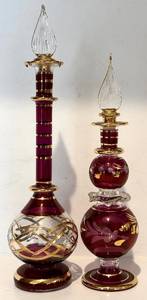 lot 93H image: FR  - Pair of Mouth Blown Egyptian Crystal Perfume Bottles, Purple with Gold Detailing