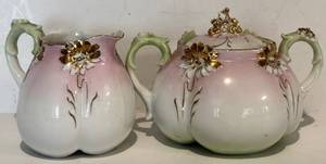 lot 94H image: FR - Antique Unmarked RS Prussia Porcelain Sugar and Creamer Set Pink Green White with Gold Accents