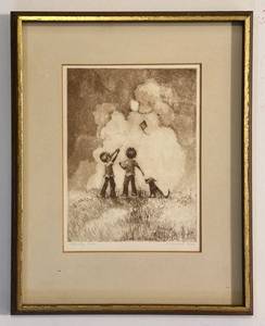lot 131H image: FR - Framed Vintage Etching Print Saturday Morning by Si Raymond