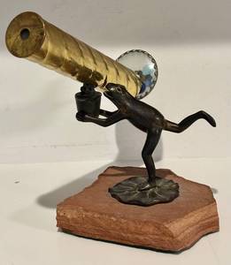 lot 132H image: FR - Bronze Frog Holding Brass Kaleidoscope Sculpture on Sandstone Base
