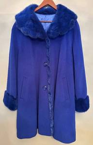 lot 139H image: FR - Vintage Cobalt Blue Coat with Faux Fur Trim, Size XL