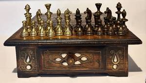 lot 140H image: FR - Vintage Wooden Chess Set with Mother of Pearl Inlay and Brass Pieces