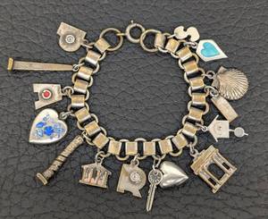 lot 288 image: Sterling Memory Heart Charm Bracelet - 6.5-Inch Long - Vintage with 4 Sterling Charms