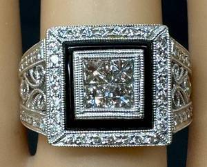 lot 5D image: 18K White Gold Diamond Ring with Onyx Inlay - Square Center Cluster