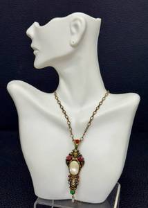 lot 12D image: Vintage Pendant Necklace with Pearl Center & Multi-Gem Accents