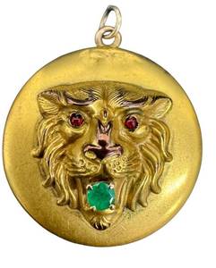 lot 13D image: Antique Victorian Lion Head Locket With Green Center Stone