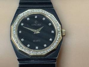lot 14D image: Concord Quartz Watch - Diamond Crystal Bezel, Black Dial, Vintage Two-Tone Case