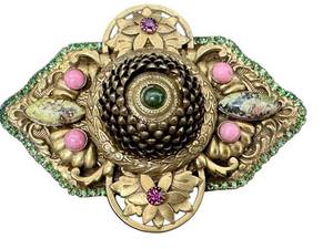 lot 17D image: Sorrelli Vintage Brooch - Green Cabochon Center, Pink Accents, Floral Gold-Tone