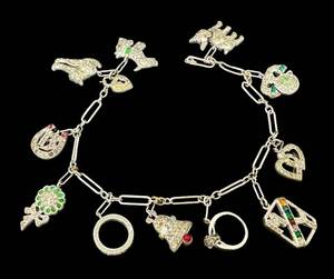 lot 33D image: Vintage Rhinestone Charm Bracelet 8 in - Bells, Elephant & Cat Charms