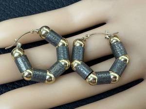 lot 39D image: Pair 14K Gold Hoop Earrings - Textured Gray Cylinders