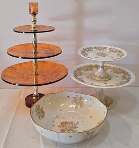 lot 174K image: LR - Porcelaines de France Hand Painted 9-Inch Bowl, Amber 3-Tier Stand & 2-Tier Cake Stand Set