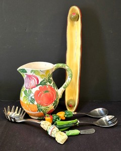 lot 185K image: LR - Hand-Painted Italian Pitcher with Fruit & Vegetable Motif, Olive Tray & Veggie-Handled Utensils