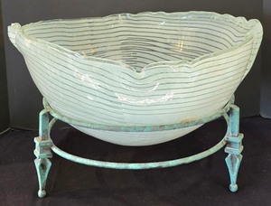 lot 188K image: LR - Celadon-Glazed Ceramic Bowl on Wrought Iron Stand
