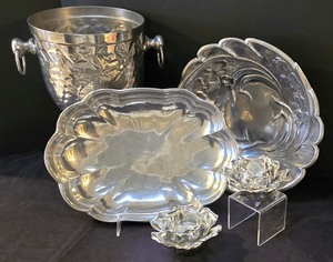 lot 192K image: LR - Wilton Ice Bucket with Grapevine Pattern, 2 Candleholders - USA
