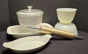 lot 230K image: LR - CorningWare Cornflower Roaster & Casserole Set - 2 Mixing Bowls & Rolling Pin