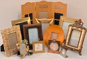 lot 231K image: LR - Three-Panel Wood Trifold Photo Frame Display & Assorted Frames Lot