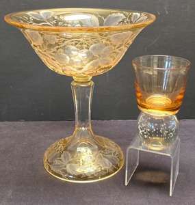 lot 241K image: LR - Amber Compote (Possible Fostoria) & Vintage Bubble-Base Lowball Glass (Possible Krosno)