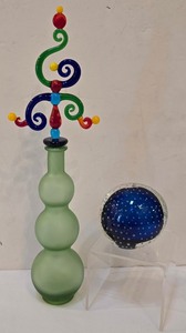 lot 243K image: LR - Vintage Glass Perfume Bottle with Whimsical Stopper & Blue Glass Paperweight