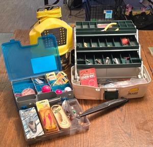 lot 268K image: LR - Plano 3-Tray Tackle Box w Lures, Minnow Bucket & Knife
