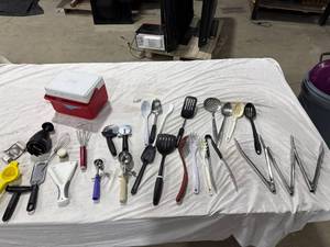 lot 1240 image: Assorted Kitchen Utensils & Cooler