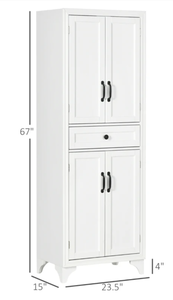 lot 12 image: HOMCOM 67 4-Door Kitchen Pantry with Drawer and Adjustable Shelves, White (Missing Part O In Manual)