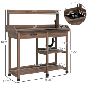 lot 45 image: Outsunny Potting Bench Table, Outdoor Garden Table Wooden Work Station with Removable Sink, Faucet, Drawer, Shelves, Hooks, Dark Brown (Missing Part 6 In Manual)