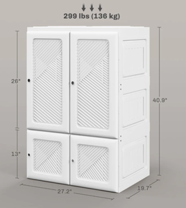 lot 65 image: HOMCOM Portable Wardrobe, Foldable Clothes Storage Organizer with 3 Compartments, Hanging Rod, Magnet Doors, White
