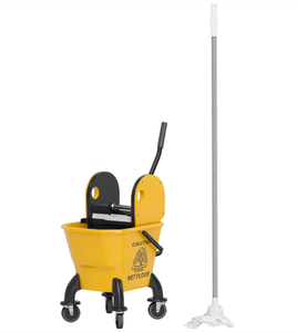 lot 104 image: HOMCOM Mop Bucket with Wringer on Wheels for Floor Cleaning, 27.5 Quart Down Press Wringer with Handle and Mop, Yellow