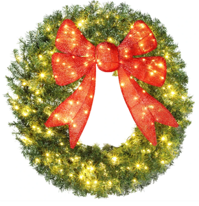 lot 115 image: HOMCOM 48in Pre-Lit Christmas Wreath with 3D Red Bow, 11 Lighting Modes, Front Door Christmas Wreath with Remote