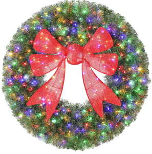 lot 116 image: HOMCOM 60in Pre-Lit Christmas Wreath with 3D Red Bow, 11 Lighting Modes, Front Door Christmas Wreath with Remote