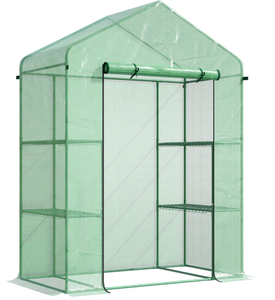 lot 303 image: Outsunny 56 x 29 x 77 Walk-in Greenhouse, Garden Hot House with 3 Tier Shleves, Roll-Up Door and PE Cover, Green